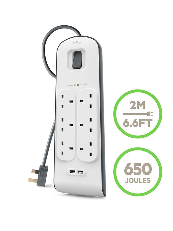Belkin BSV604AF2M 6-Outlet Surge Protector with 2 USB Ports 2.4A - White | UAE