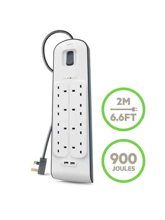 Belkin BSV804AF2M Surge Protector 8 Outlet 2 USB 2.4A Power Extension Socket 2M - White | UAE Delivery