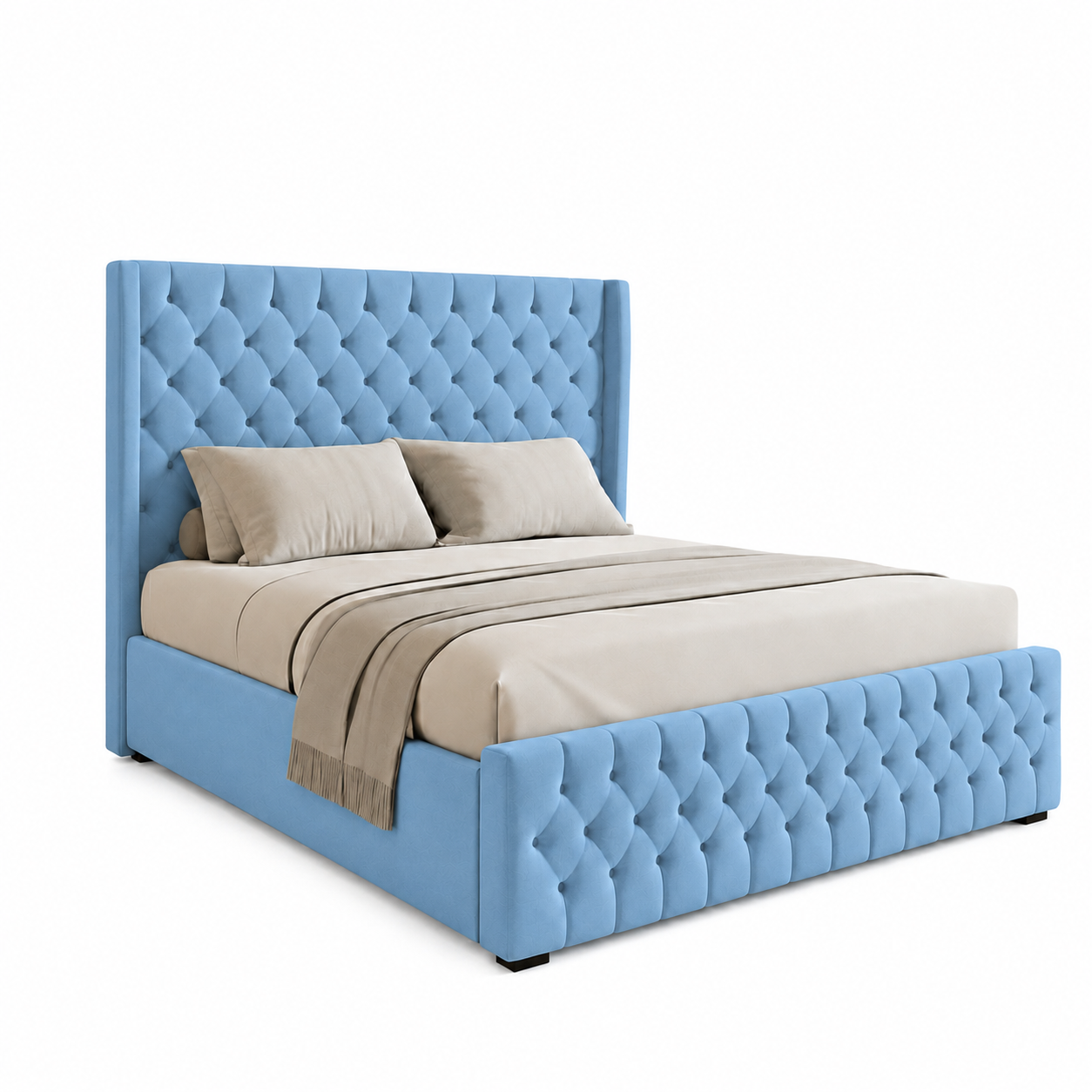 Luxury Tufted Upholstered Wooden Bed – 200×200 cm Super King Sky Blue