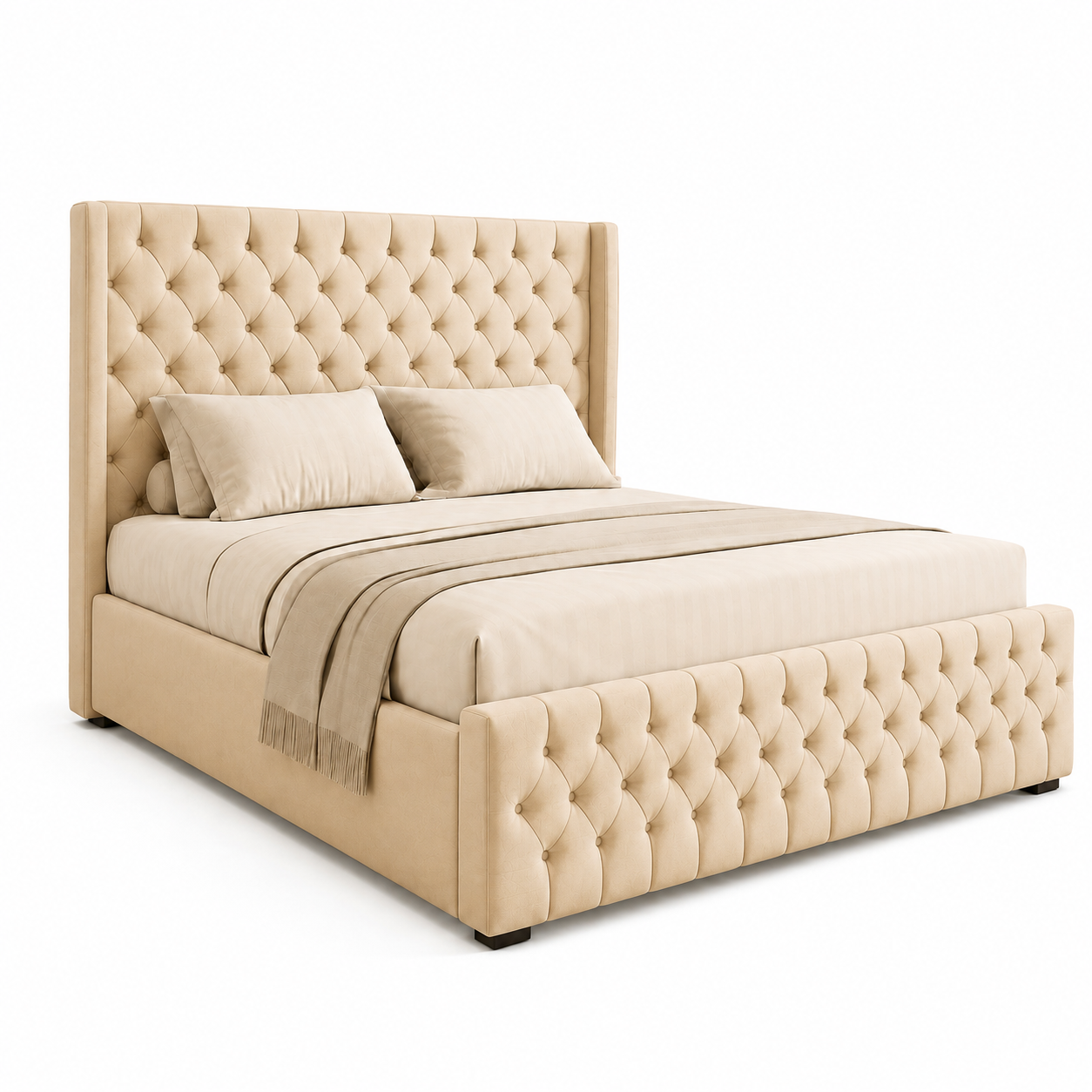Luxury Tufted Upholstered Wooden Bed – 200×200 cm Super King Ivory