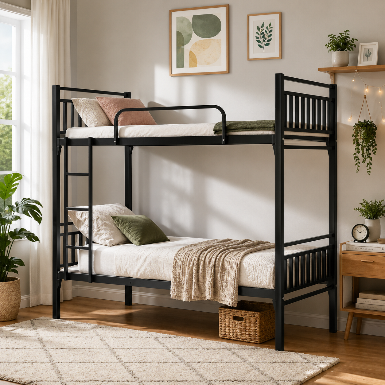 Black Metal Bunk Bed 190x90x170cm | Twin Sleeper for Kids & Adults | Space-Saving Furniture UAE