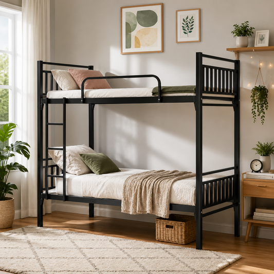 Black Metal Bunk Bed 190x90x170cm | Twin Sleeper for Kids & Adults | Space-Saving Furniture UAE