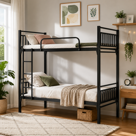 Black Metal Bunk Bed 190x90x170cm | Twin Sleeper for Kids & Adults | Space-Saving Furniture UAE