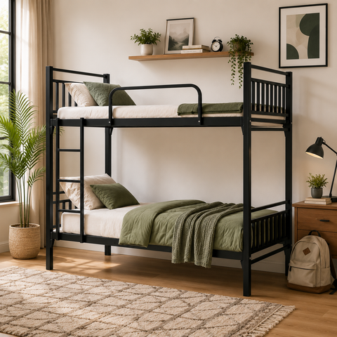 Black Metal Bunk Bed 190x90x170cm | Twin Sleeper for Kids & Adults | Space-Saving Furniture UAE