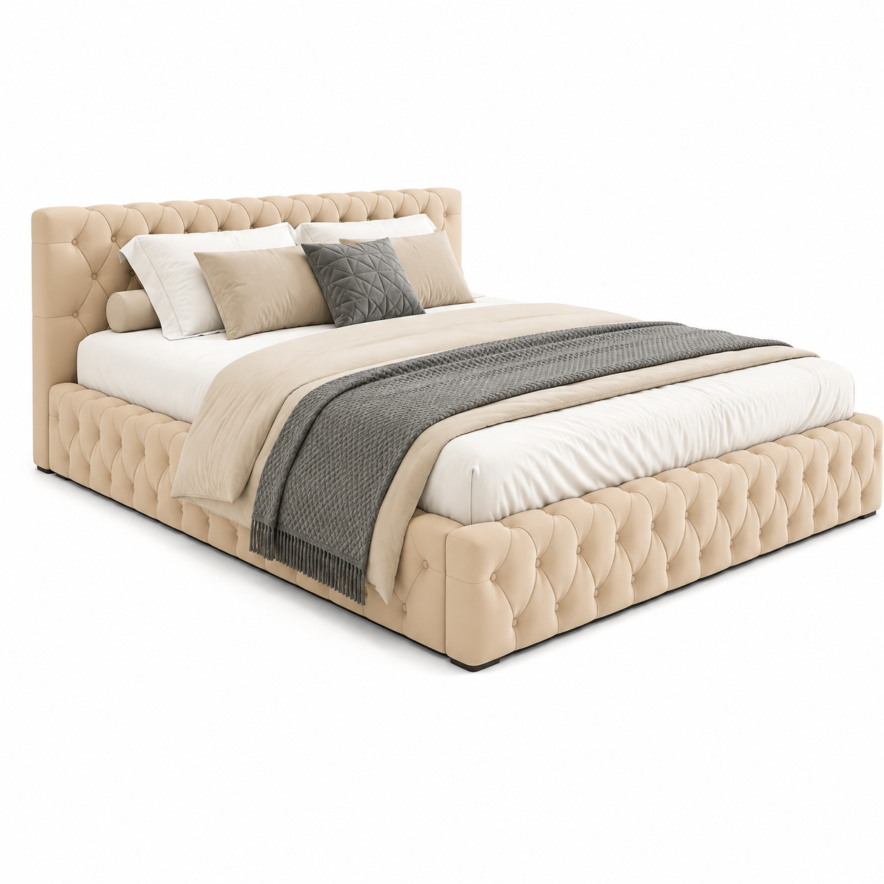 Super King Bed 200x200cm - Luxury Tufted Upholstered Wooden Bed Frame Ivory
