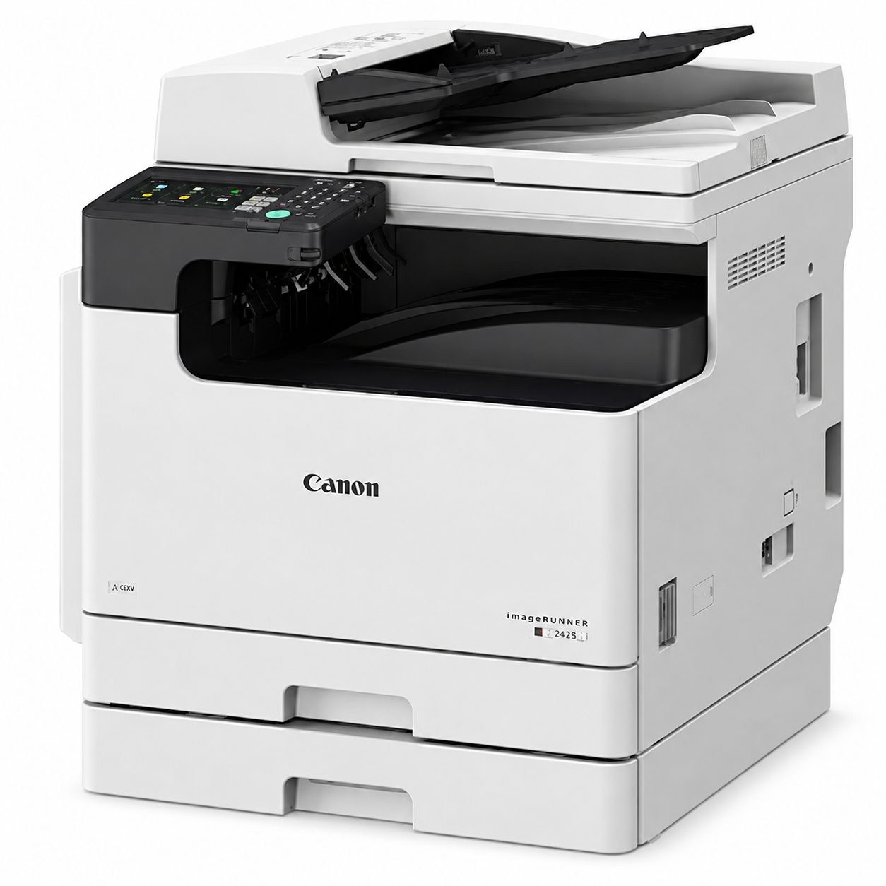 Canon imageRUNNER 2425i monochrome laser multifunction printer, side angle view with dual paper trays – office copier Dubai UAE