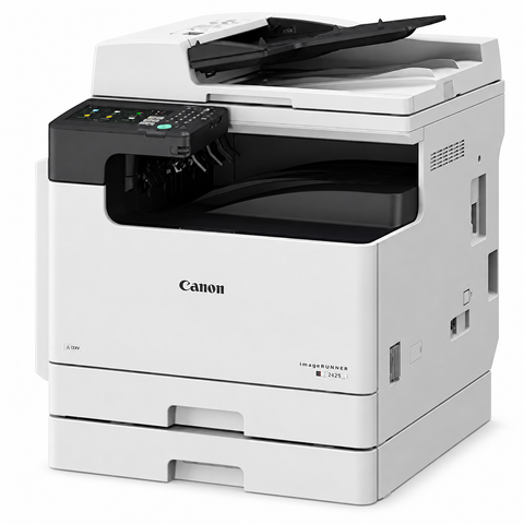 Canon imageRUNNER 2425i monochrome laser multifunction printer, side angle view with dual paper trays – office copier Dubai UAE