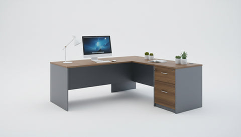 L Shaped Office Desk 140cm - Modern Executive Table with Drawers UAE | Walnut Grey