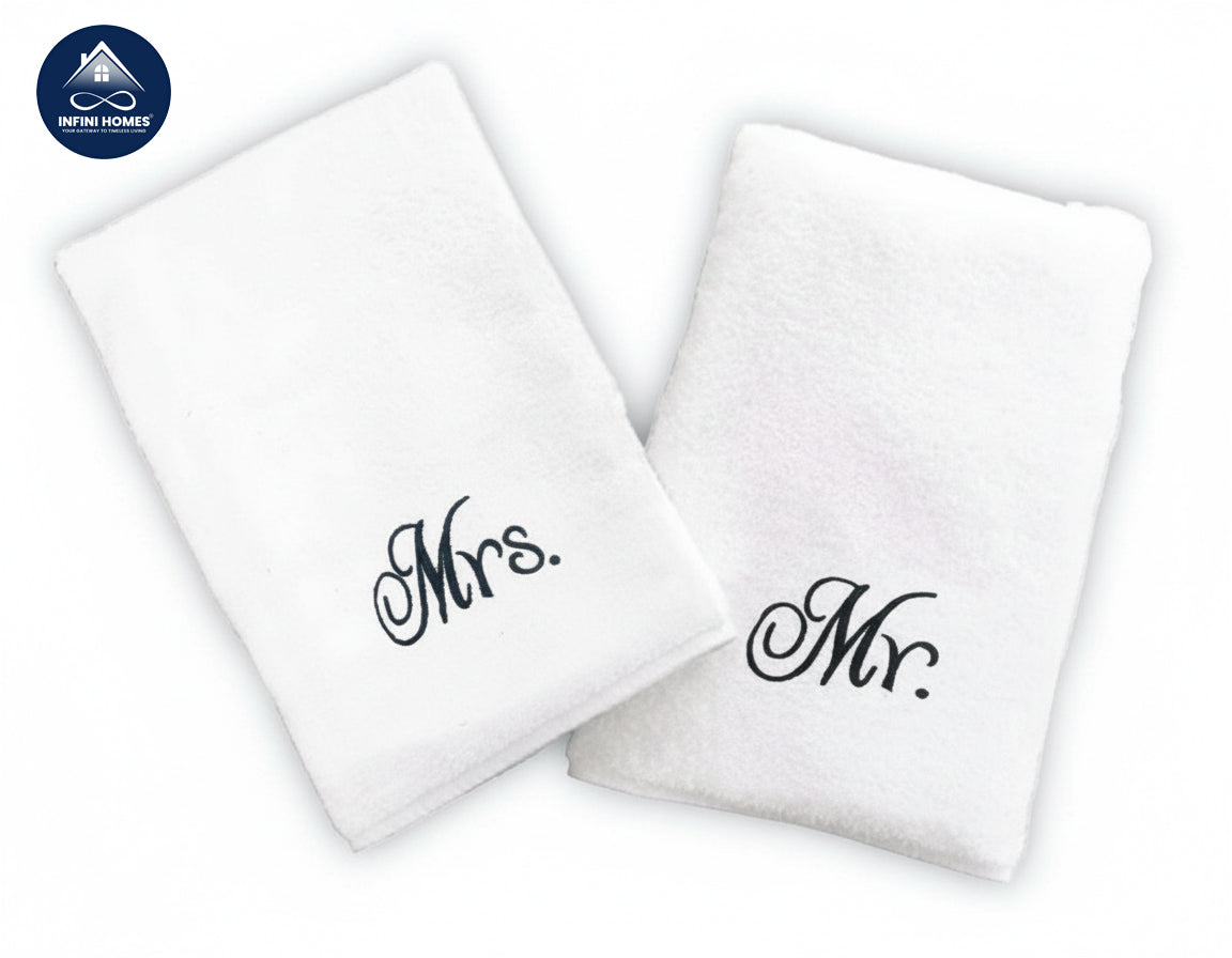 INFINI HOMES Luxury Embroidered Mr & Mrs Personalized Hand Towel Set - Premium 100% Cotton Bath Linen UAE