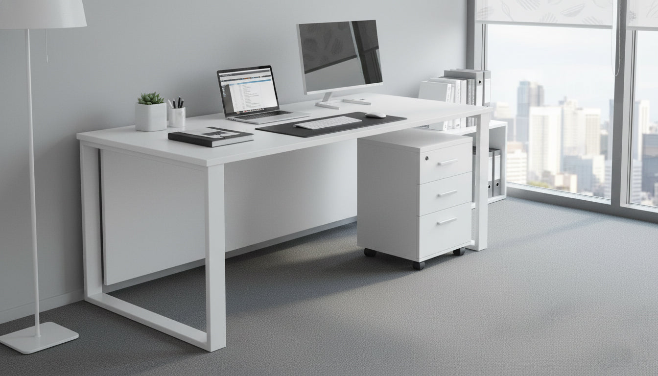 Office Desk 180cm with Metal Legs & Drawer - White Executive Table Dubai UAE
