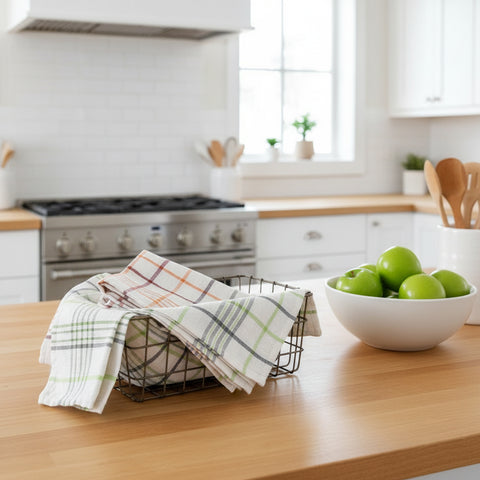 Kitchen Towels UAE Set of 8 | Green Orange Multi Checks 50x70cm Dubai Abu Dhabi | INFINI HOMES