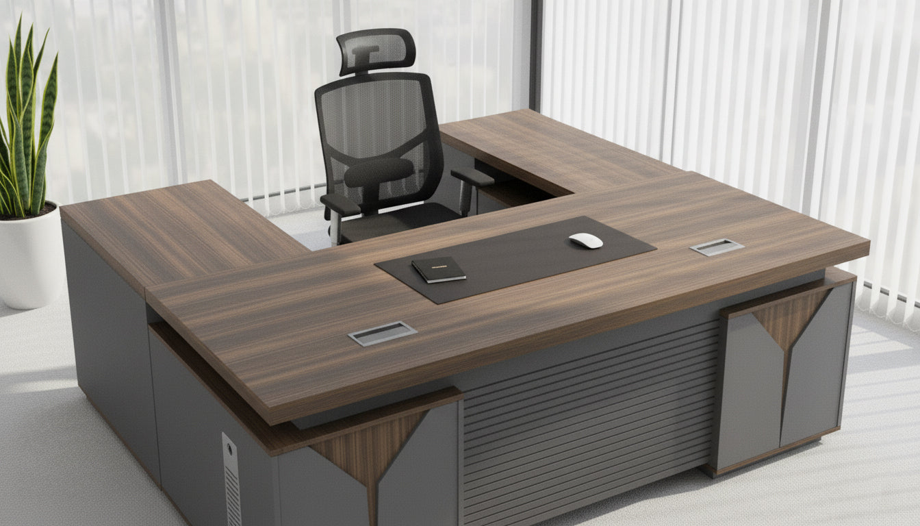 L Shaped Office Desk 180cm with Mobile Drawer - Premium Walnut Grey Executive Table UAE