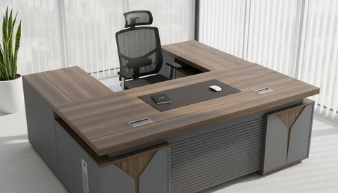 L Shaped Office Desk 180cm with Mobile Drawer - Premium Walnut Grey Executive Table UAE