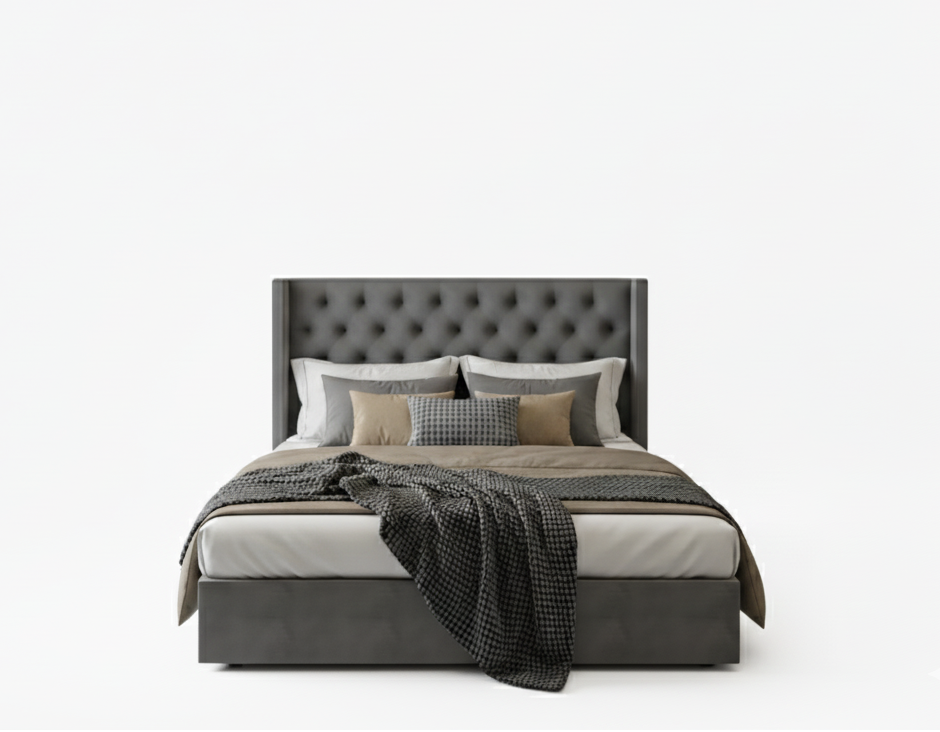 Grey Wooden Bed with Tall Upholstered Headboard 120×200cm | UAE Furniture | Dubai Abu Dhabi Sharjah