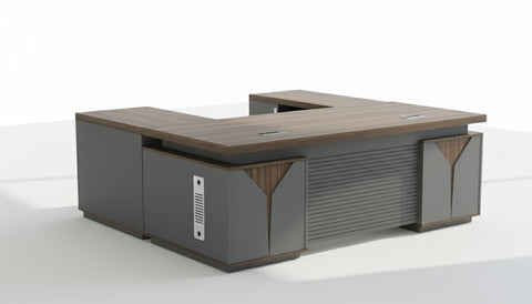 L Shaped Office Desk 180cm with Mobile Drawer - Premium Walnut Grey Executive Table UAE
