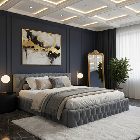 Premium Low-Profile Tufted Upholstered Wooden Bed 150×190cm Double Size | UAE Delivery to Dubai, Abu Dhabi, Sharjah