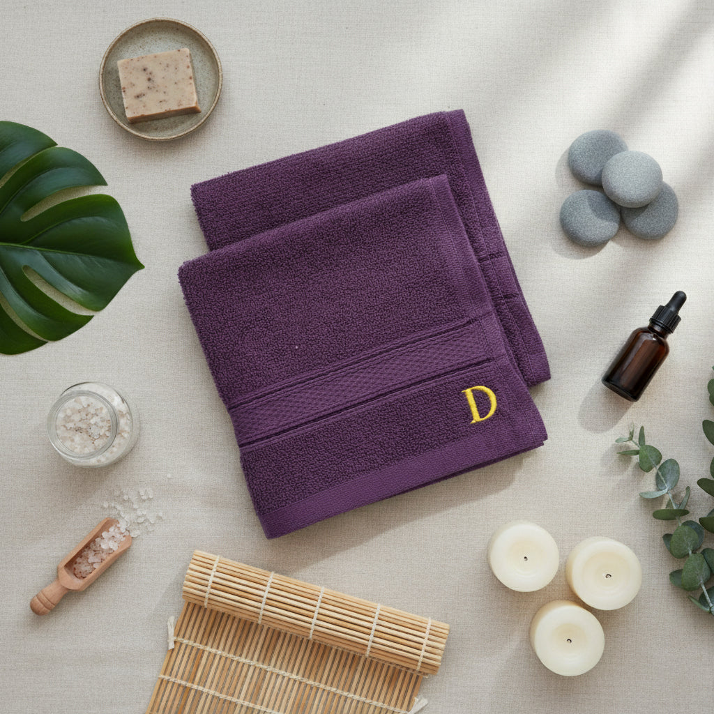 Premium Daffodil Brown Monogrammed Face Towel Set UAE Dubai - Letter D 500 GSM 6 Pack Purple
