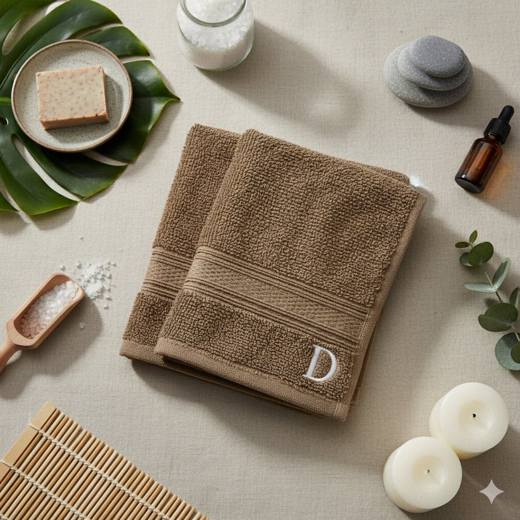 Luxury Daffodil Brown Face Towel Set Monogram D UAE Home Essentials | طقم مناشف وجه فاخر بني اللون مطرز بحرف D أساسيات منزلية الإمارات