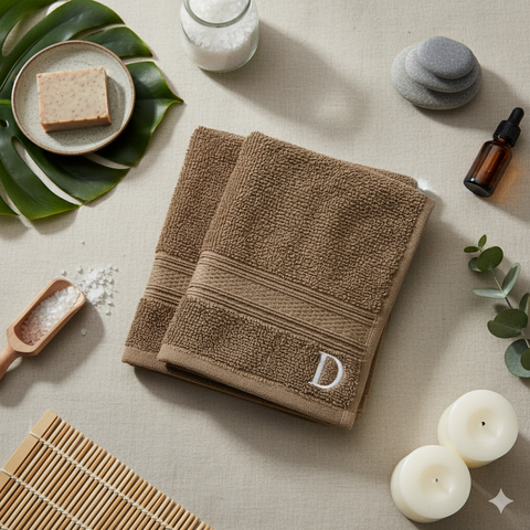 Luxury Daffodil Brown Face Towel Set Monogram D UAE Home Essentials | طقم مناشف وجه فاخر بني اللون مطرز بحرف D أساسيات منزلية الإمارات