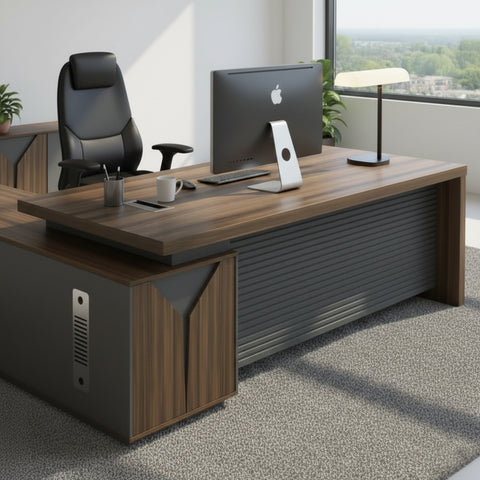 L Shaped Office Desk 180x160cm with Drawers - Walnut Grey | Dubai UAE
