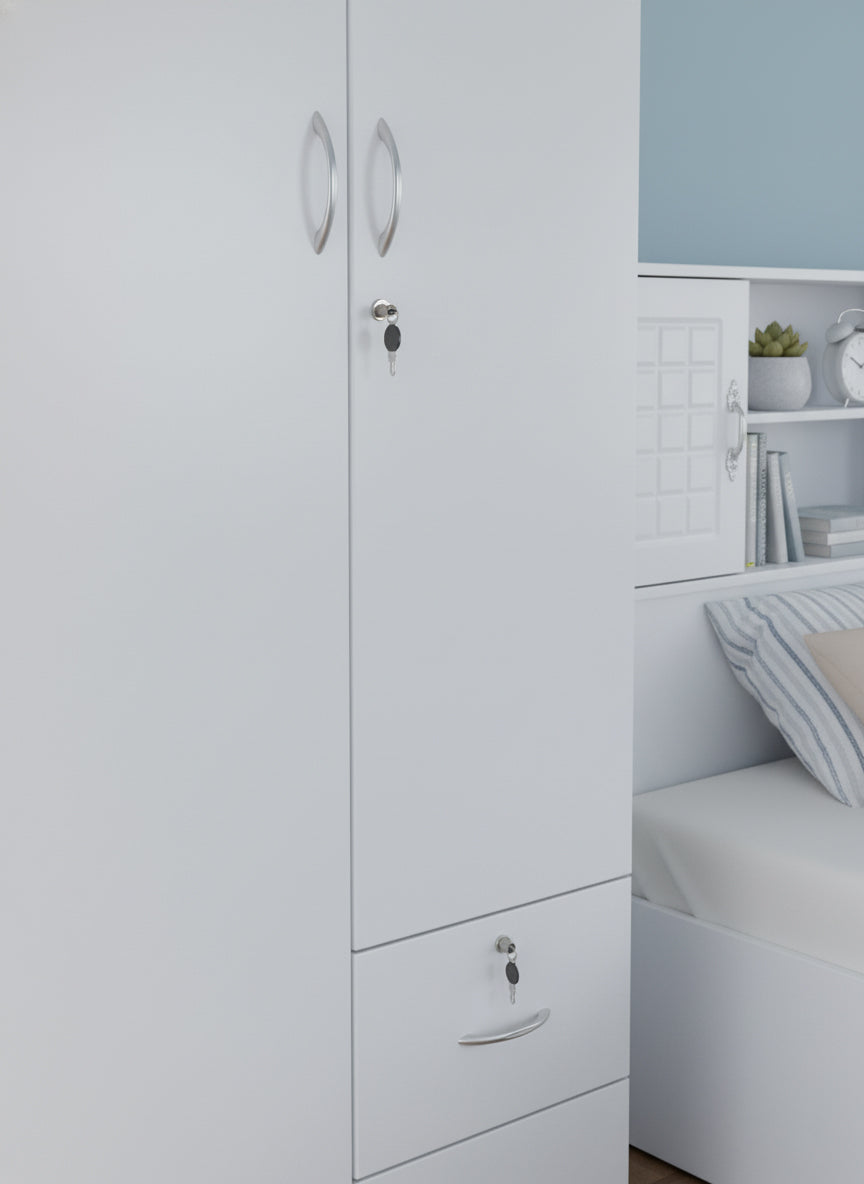 INFINI HOMES 2 Door Wooden Wardrobe UAE - White Engineered Wood 1 Lockable Drawer Modern Dubai Abu Dhabi Sharjah