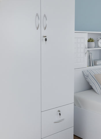 INFINI HOMES 2 Door Wooden Wardrobe UAE - White Engineered Wood 1 Lockable Drawer Modern Dubai Abu Dhabi Sharjah