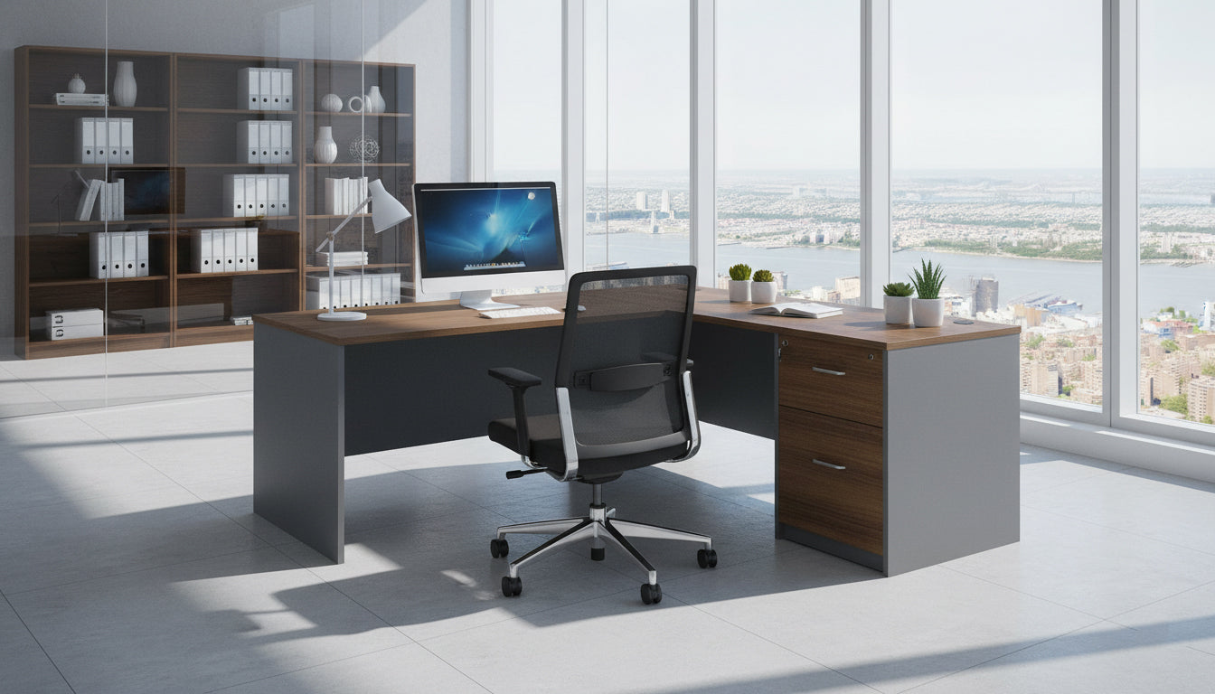 L Shaped Office Desk 140cm - Modern Executive Table with Drawers UAE | Walnut Grey