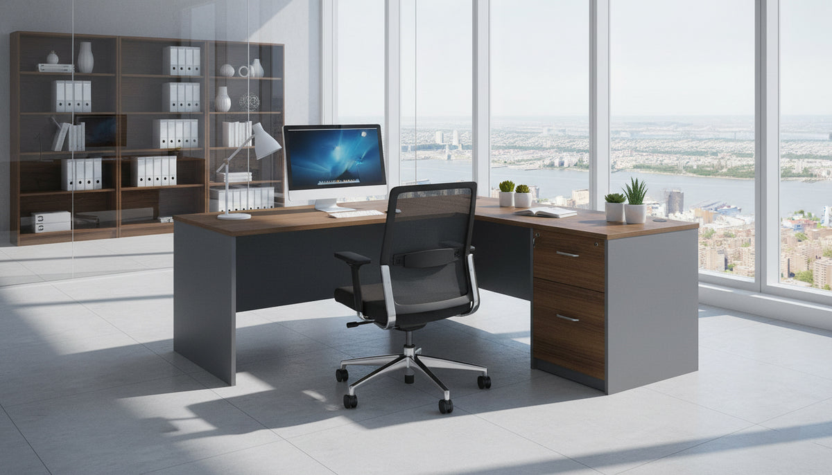 L Shaped Office Desk 140cm - Modern Executive Table with Drawers UAE | Walnut Grey