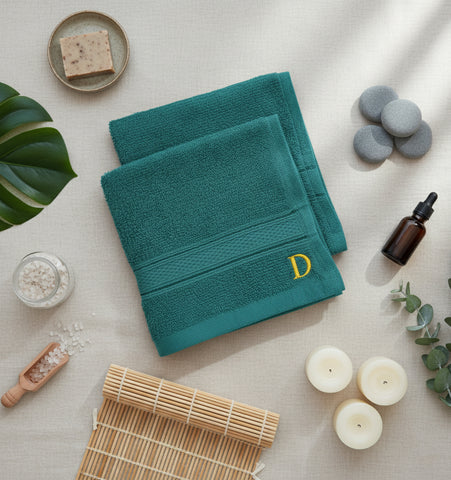 Premium Daffodil Brown Monogrammed Face Towel Set UAE Dubai - Letter D 500 GSM 6 Pack Turquoise Blue