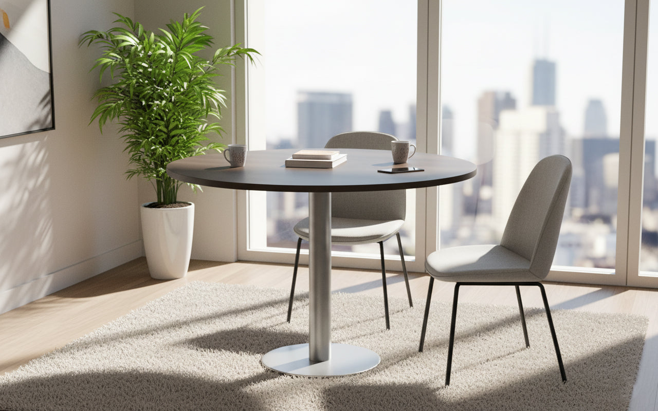 Round Dining Table 120cm Walnut - Chrome Legs | Modern Office & Home Furniture UAE