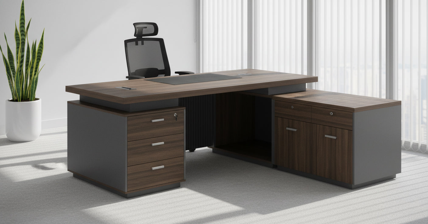 L Shaped Office Desk 200cm with Mobile Drawer - Premium Executive Table UAE | INFINI HOMES