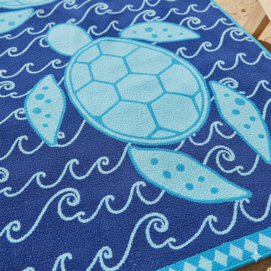 منشفة شاطئ بتصميم السلحفاة الإمارات دبي | Turtle Design Beach Towel UAE Dubai | جاكار بحري 86x162سم 390GSM للأطفال والكبار | Marine Jacquard Kids Adults