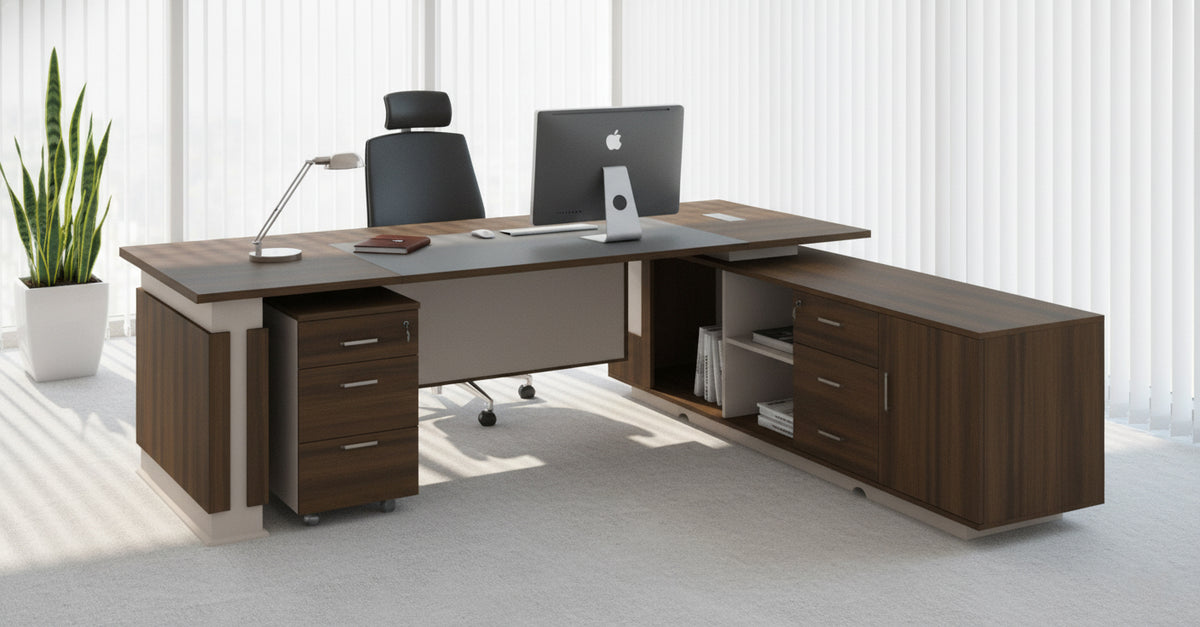 L Shaped Office Desk 240x220cm with Mobile Drawer - Executive Office Table Dubai UAE