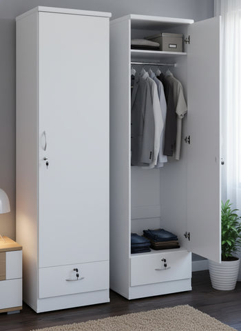 INFINI HOMES Single Door Wooden Wardrobe UAE - White Engineered Wood 1 Drawer Modern Dubai Abu Dhabi Sharjah