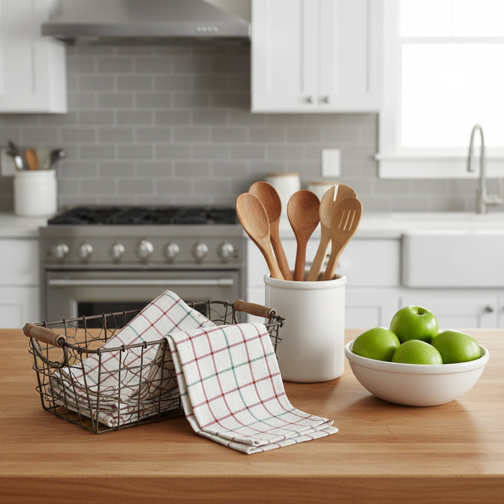 Red Kitchen Linens UAE Set of 4 | Multi Checks Tea Towels 50x70cm Dubai Abu Dhabi | INFINI HOMES