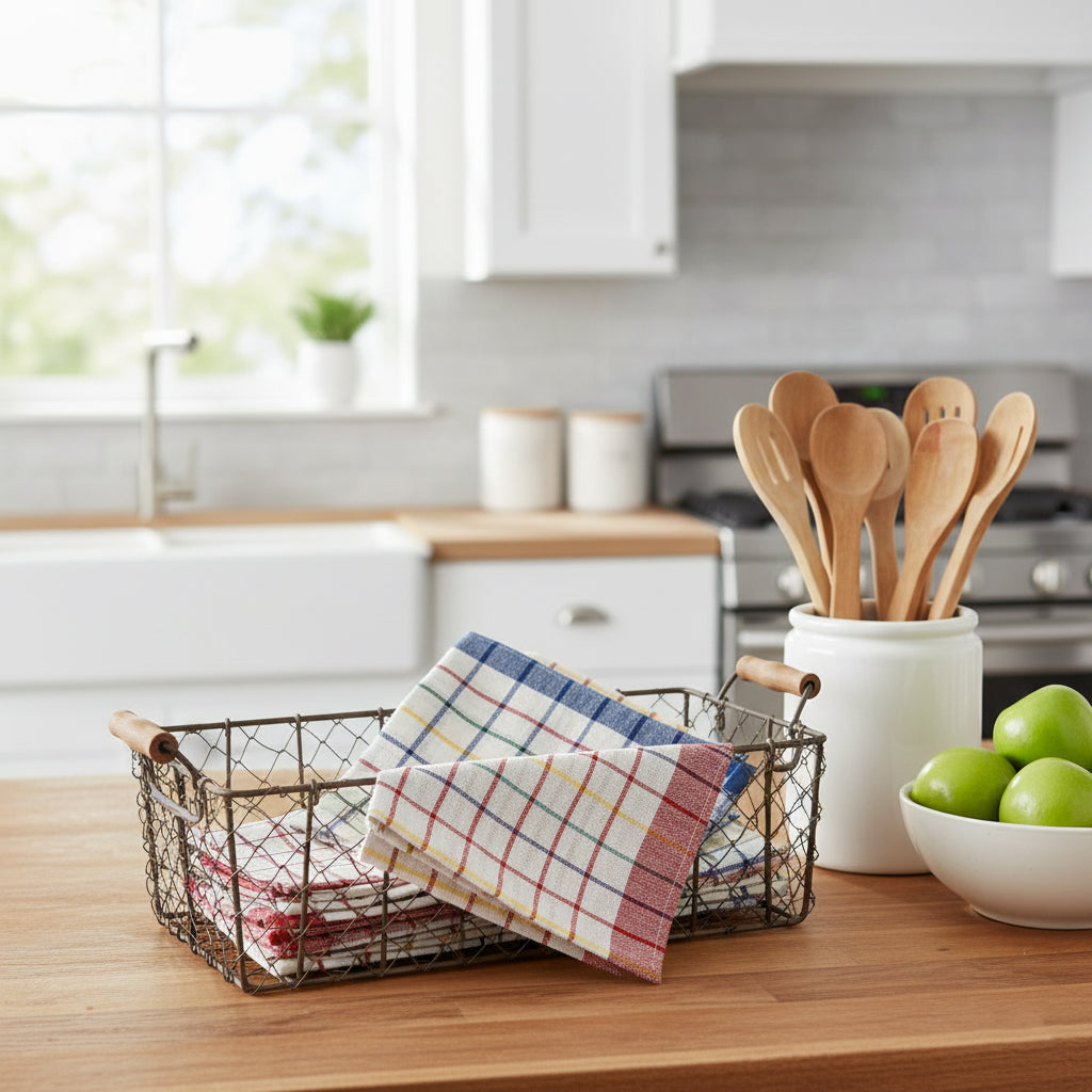 Orchard Blue Red Kitchen Towels UAE Set of 3 | Luxury Multi Checks 50x70cm Dubai Abu Dhabi | INFINI HOMES