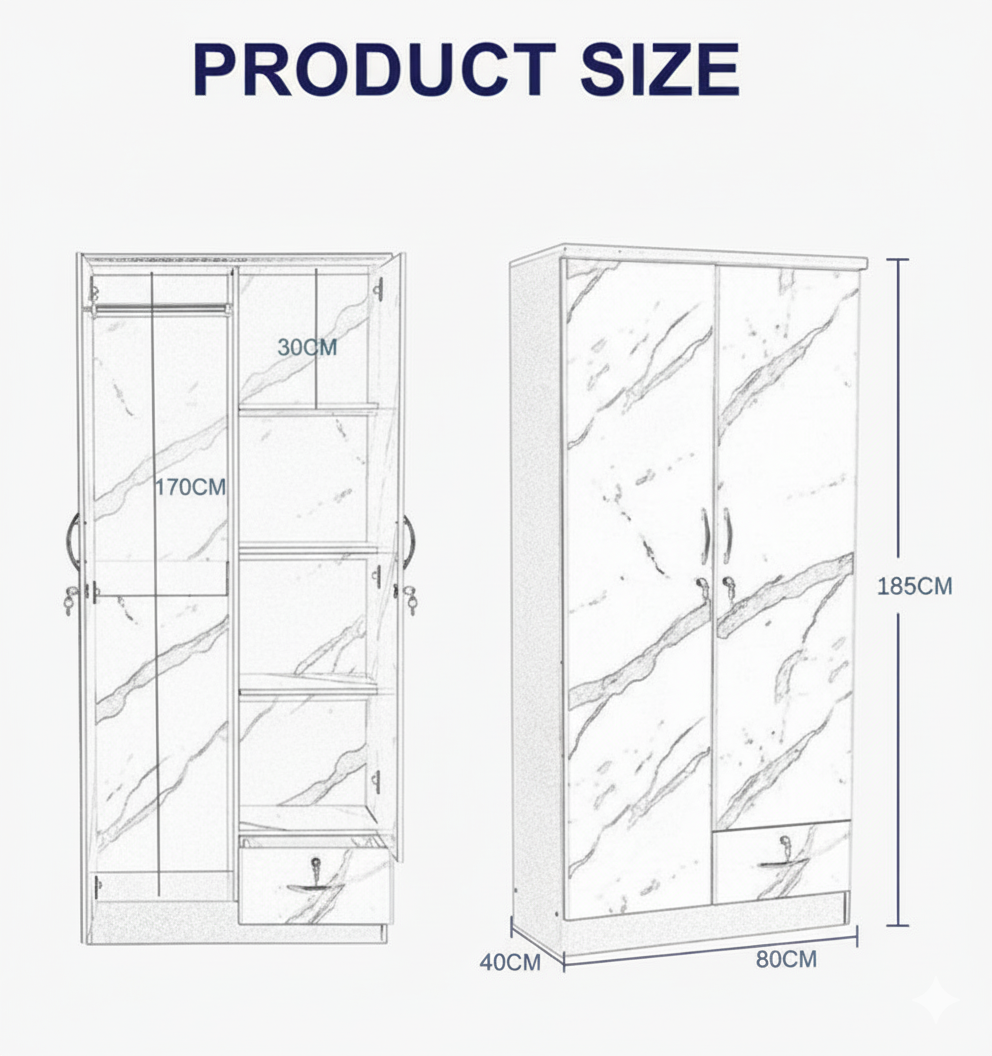 INFINI HOMES 2 Door Wooden Wardrobe UAE - White Engineered Wood 1 Lockable Drawer Modern Dubai Abu Dhabi Sharjah
