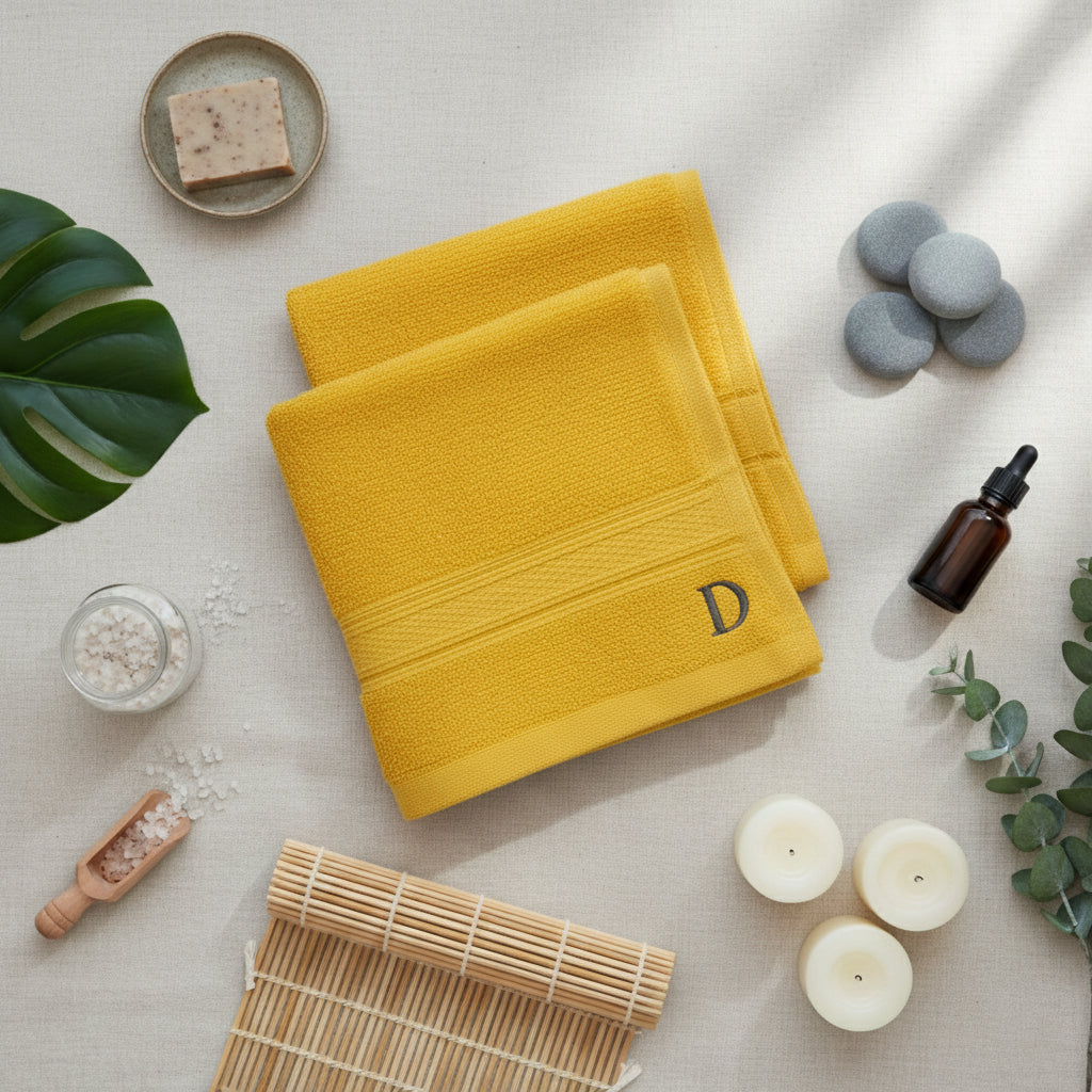 Premium Daffodil Brown Monogrammed Face Towel Set UAE Dubai - Letter D 500 GSM 6 Pack Yellow