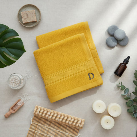Premium Daffodil Brown Monogrammed Face Towel Set UAE Dubai - Letter D 500 GSM 6 Pack Yellow