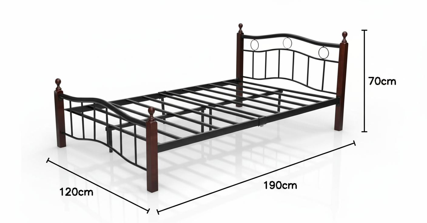Heavy Duty Wooden Steel Bed Frame Mahogany - Twin Size 190x120x70cm | UAE Delivery