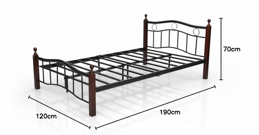 Heavy Duty Wooden Steel Bed Frame Mahogany - Twin Size 190x120x70cm | UAE Delivery