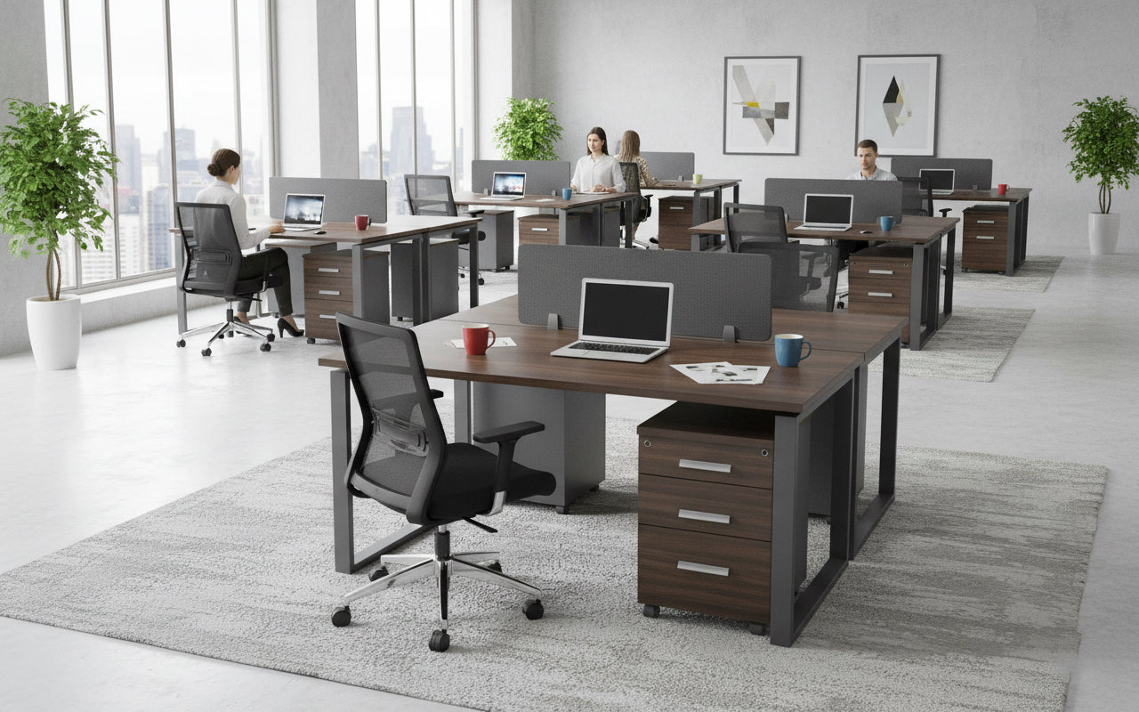 محطة عمل مكتبية لشخصين 120×120 سم مع أدراج - رمادي جوزي | دبي الإمارات | 2 Person Office Workstation Desk 120x120cm with Pedestal Drawers - Walnut Grey | Dubai UAE | INFINI HOMES
