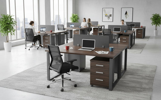 محطة عمل مكتبية لشخصين 120×120 سم مع أدراج - رمادي جوزي | دبي الإمارات | 2 Person Office Workstation Desk 120x120cm with Pedestal Drawers - Walnut Grey | Dubai UAE | INFINI HOMES