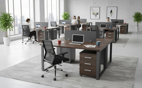 محطة عمل مكتبية لشخصين 120×120 سم مع أدراج - رمادي جوزي | دبي الإمارات | 2 Person Office Workstation Desk 120x120cm with Pedestal Drawers - Walnut Grey | Dubai UAE | INFINI HOMES