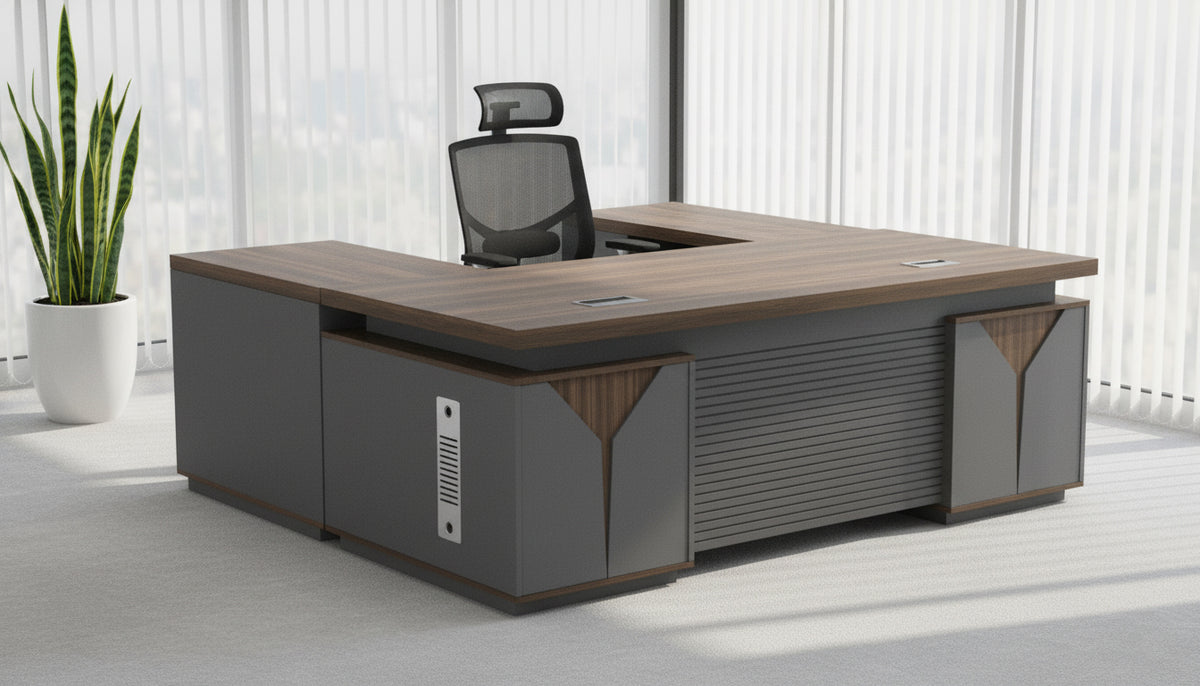 L Shaped Office Desk 180cm with Mobile Drawer - Premium Walnut Grey Executive Table UAE