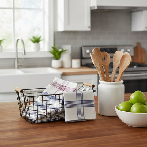 Pink Blue Kitchen Linens UAE Set of 6 | Multi Checks Tea Towels 50x70cm Dubai Abu Dhabi | INFINI HOMES