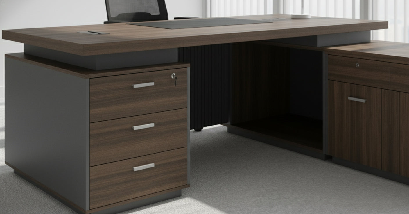 L Shaped Office Desk 200cm with Mobile Drawer - Premium Executive Table UAE | INFINI HOMES