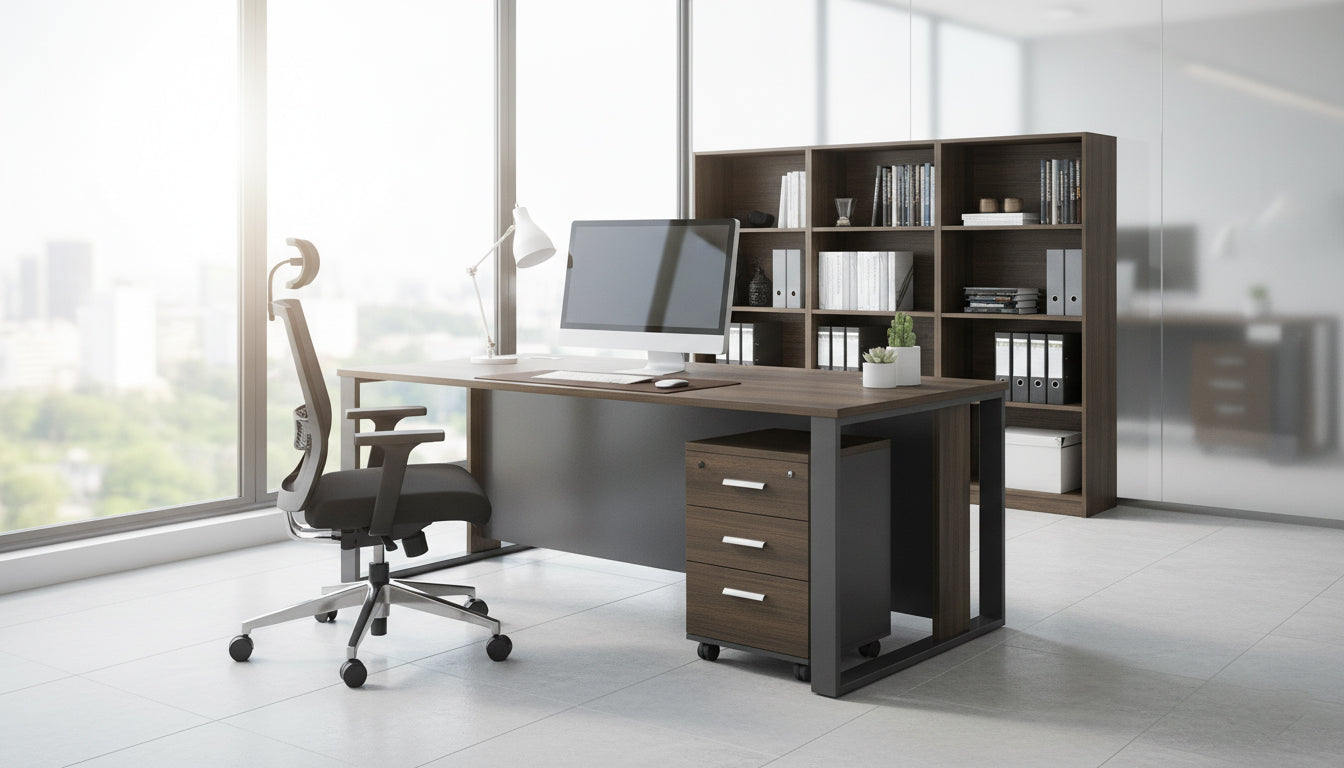 Office Desk with Metal Legs & Pedestal Drawer 180cm - Walnut Grey | Dubai UAE