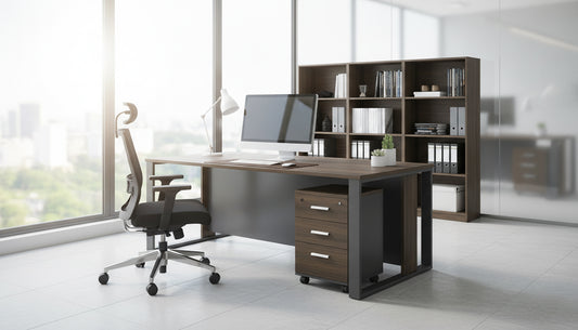 Office Desk with Metal Legs & Pedestal Drawer 180cm - Walnut Grey | Dubai UAE