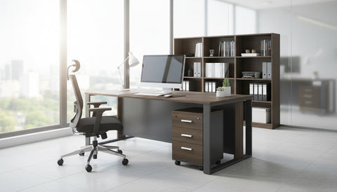 Office Desk with Metal Legs & Pedestal Drawer 180cm - Walnut Grey | Dubai UAE